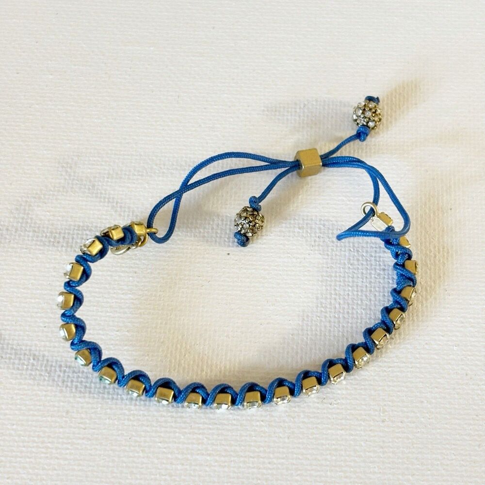 J Crew Rhinestone Adjustable Cord Beaded Bracelet Blue Friendship Preppy BOHO